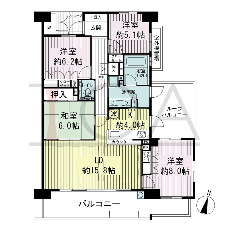 ビスタグランデ舞子C棟の間取り図 南東向き角 4LDK 専有面積100.21m2
バルコニー面積18.31m2
ルーフバルコニー面積11.55m2
アルコーブ面積2.79m2