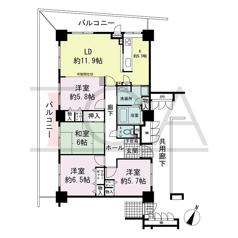 ピフレ新長田の間取り図 南西北西向き角 4LDK 専有面積94.99m2
バルコニー面積約36m2
アルコーブ面積1.04m2