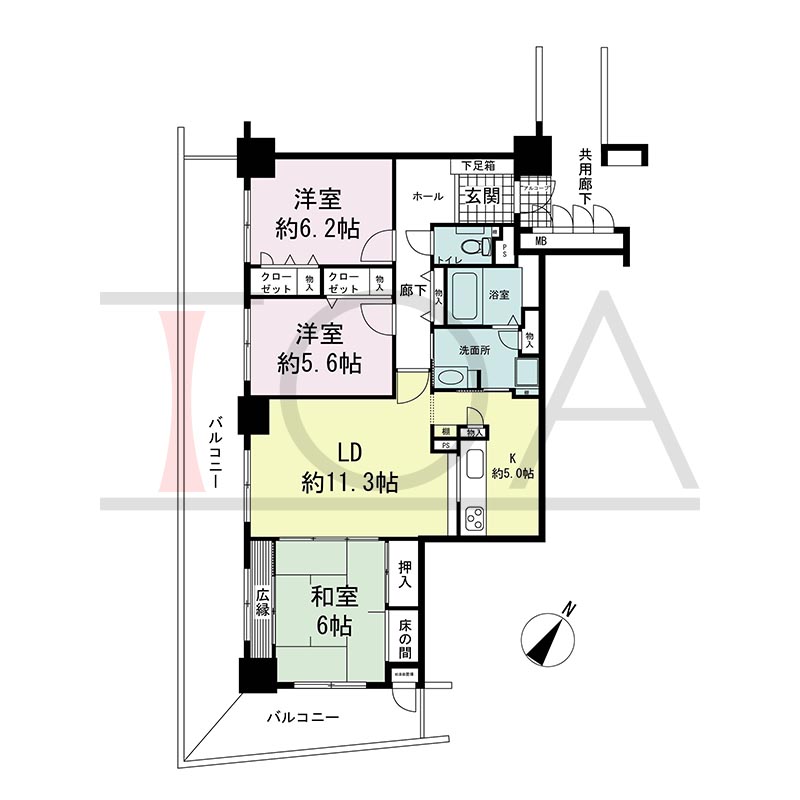 ピフレ新長田の間取り図 南東南西向き角 3LDK 専有面積85.43m2
バルコニー面積約32m2
アルコーブ面積1.68m2