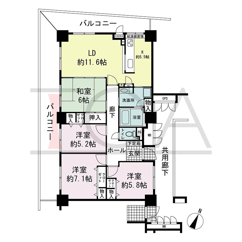 ピフレ新長田の間取り図 南西北西向き角 4LDK 専有面積94.99m2
バルコニー面積約36m2
アルコーブ面積1.04m2
