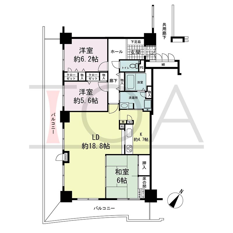 ピフレ新長田の間取り図 南東南西向き角 3LDK 専有面積95.09m2
バルコニー面積約36m2
アルコーブ面積1.68m2