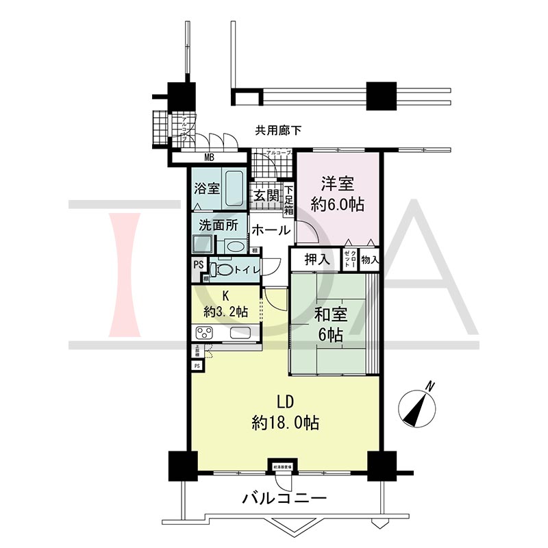 ピフレ新長田の間取り図 南東向き 2LDK 専有面積73.97m2
バルコニー面積約12m2
アルコーブ面積1.73m2