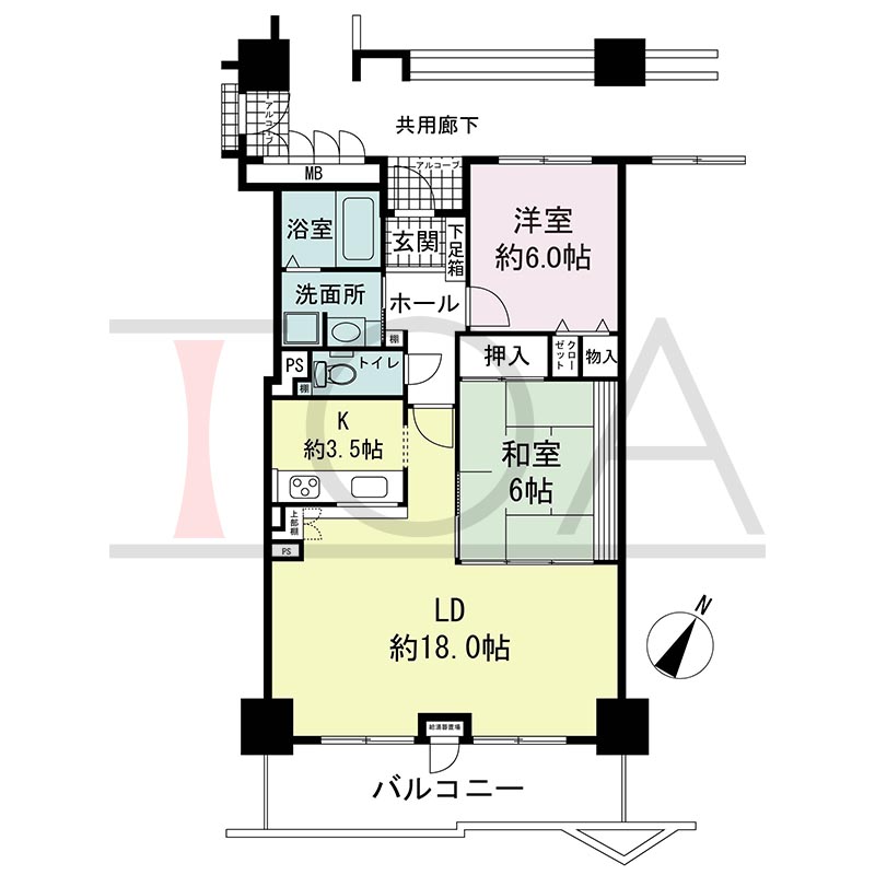 ピフレ新長田の間取り図 南東向き 2LDK 専有面積75.54m2
バルコニー面積約12m2
アルコーブ面積1.73m2