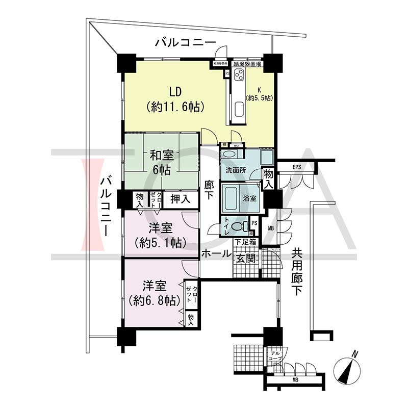 ピフレ新長田の間取り図 南西北西向き角 3LDK 専有面積83.94m2
バルコニー面積約36m2
アルコーブ面積1.38m2