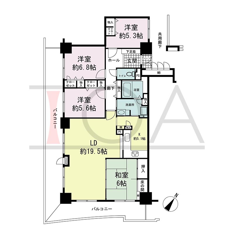 ピフレ新長田の間取り図 南東南西向き角 4LDK 専有面積107.40m2
バルコニー面積約36m2
アルコーブ面積1.68m2