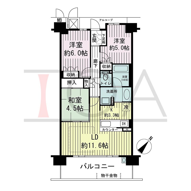 新長田駅前アーバンコンフォートの間取り図 南東向き 3LDK 専有面積68.81m2
バルコニー面積12.20m2
アルコーブ面積3.18m2