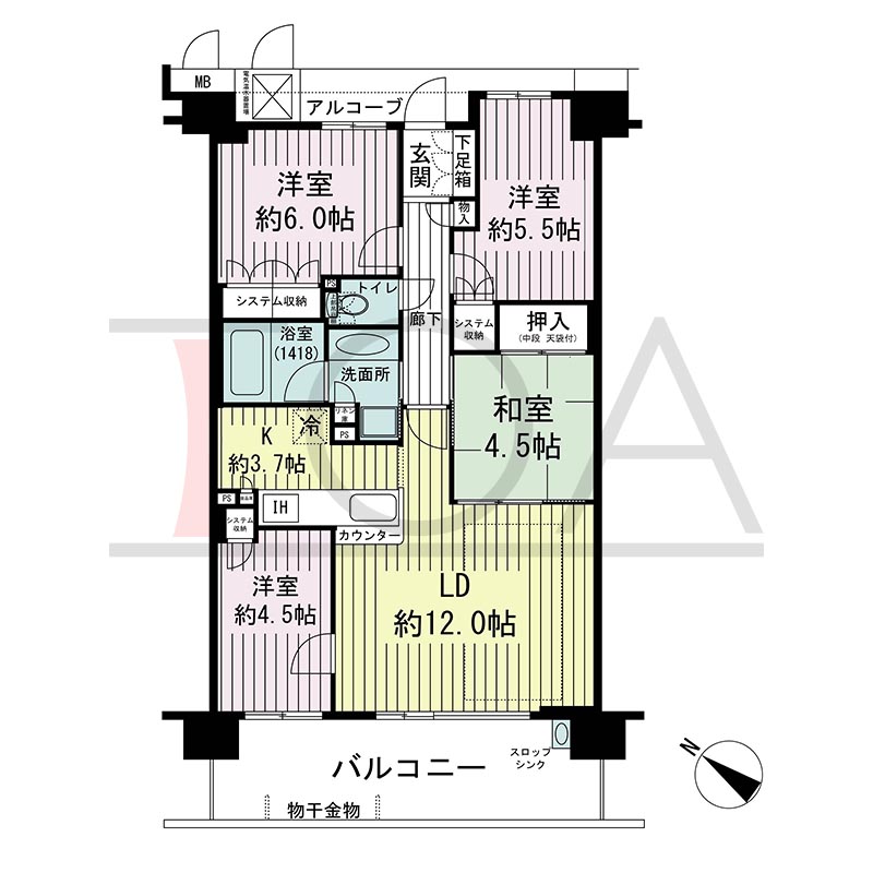 新長田駅前アーバンコンフォートの間取り図 南西向き 4LDK 専有面積77.25m2
バルコニー面積14.00m2
アルコーブ面積4.04m2