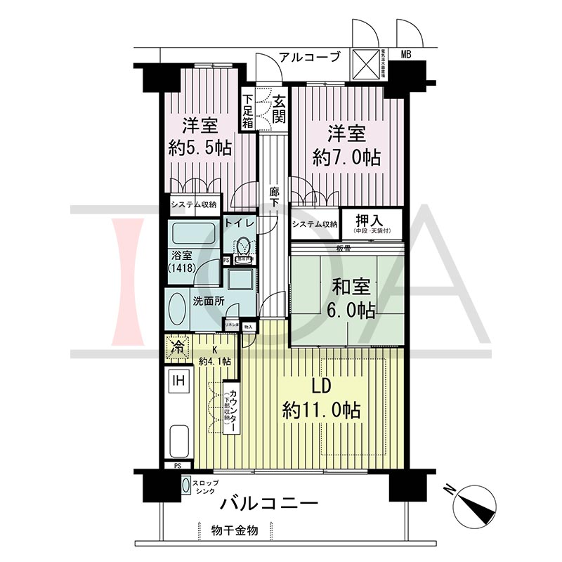 新長田駅前アーバンコンフォートの間取り図 南西向き 3LDK 専有面積75.07m2
バルコニー面積13.60m2
アルコーブ面積4.08m2