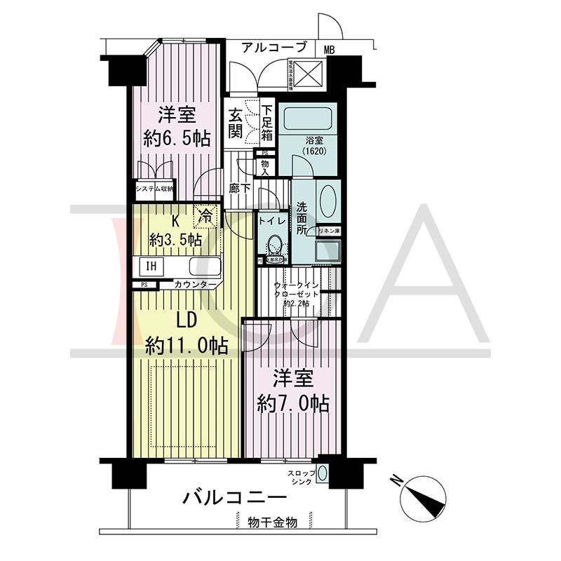 新長田駅前アーバンコンフォートの間取り図 南西向き 2LDK 専有面積65.99m2
バルコニー面積12.00m2
アルコーブ面積3.66m2