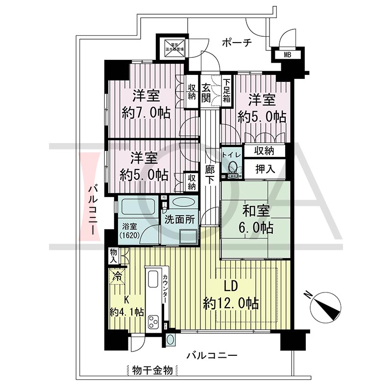 新長田駅前アーバンコンフォートの間取り図 南西北西向き角 4LDK 専有面積85.34m2
バルコニー面積36.91m2
ポーチ面積8.11m2