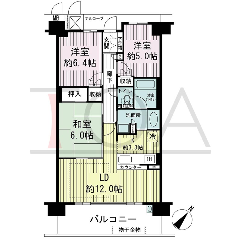新長田駅前アーバンコンフォートの間取り図 南東向き 3LDK 専有面積72.08m2
バルコニー面積12.80m2
アルコーブ面積3.48m2