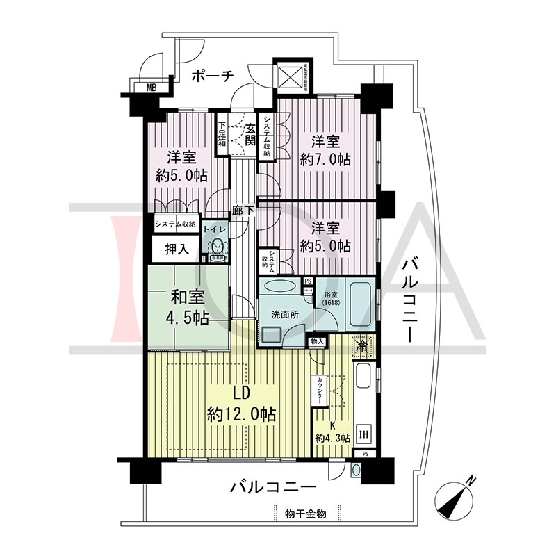 新長田駅前アーバンコンフォートの間取り図 南東北東向き角 4LDK 専有面積82.68m2
バルコニー面積42.01m2
アルコーブ面積7.39m2