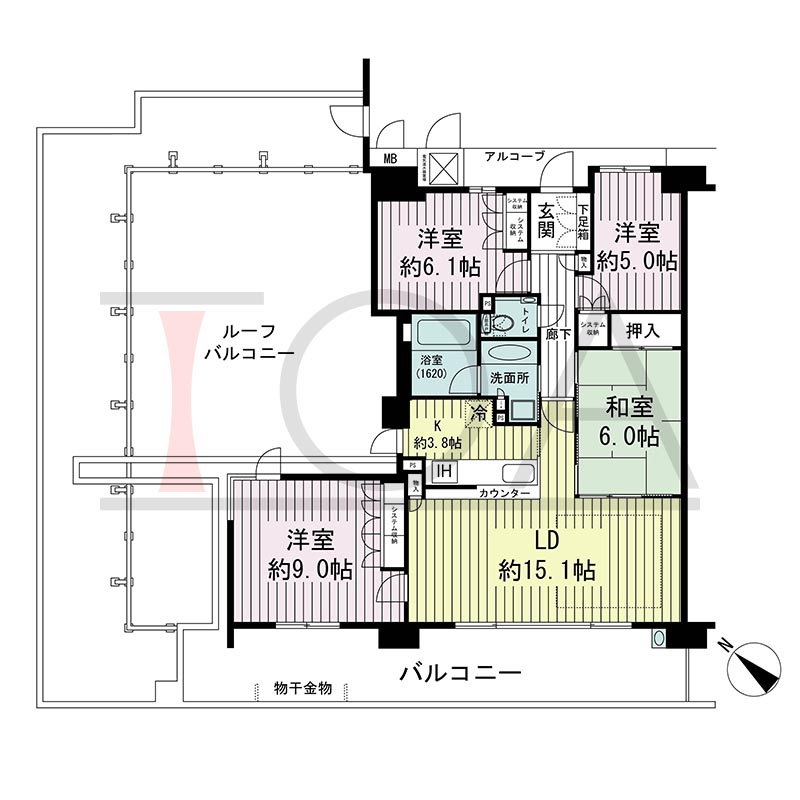 新長田駅前アーバンコンフォートの間取り図 南西北西向き角 4LDK 専有面積94.45m2
バルコニー面積24.70m2
アルコーブ面積4.04m2
ルーフバルコニー面積56.41m2