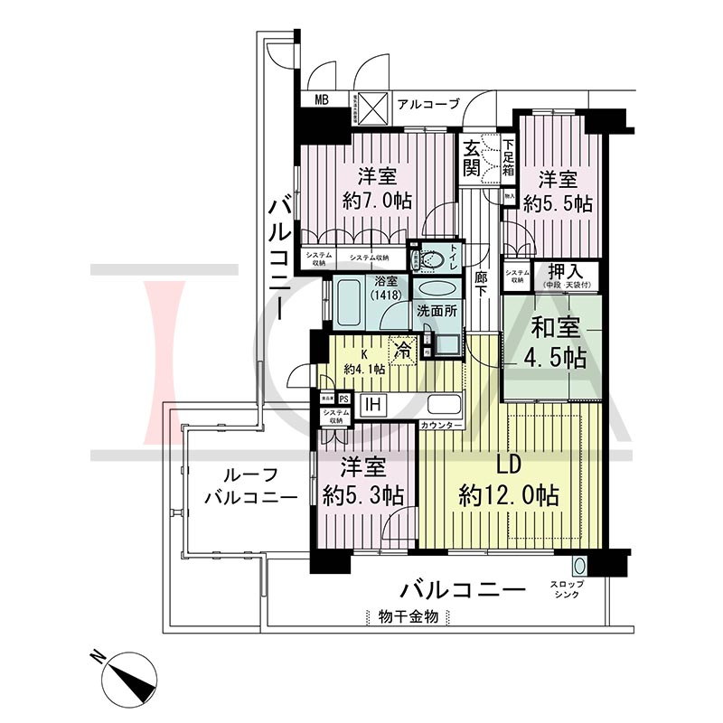 新長田駅前アーバンコンフォートの間取り図 南西北西向き角 4LDK 専有面積82.26m2
バルコニー面積26.72m2
アルコーブ面積4.04m2
ルーフバルコニー面積11.07m2