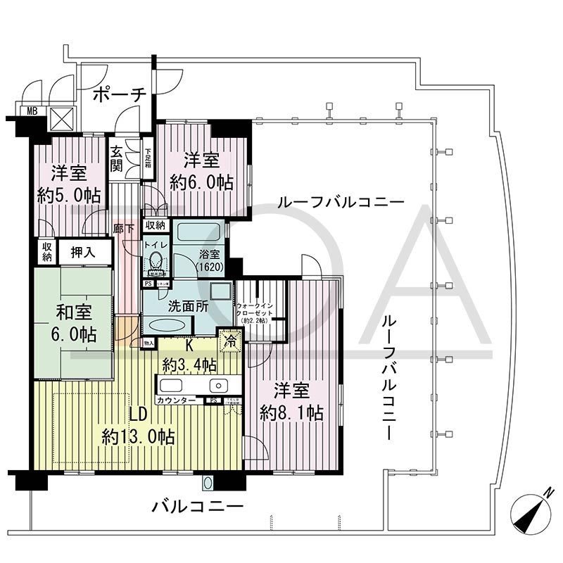 新長田駅前アーバンコンフォートの間取り図 南東北東向き角 4LDK 専有面積96.77m2
バルコニー面積22.60m2
ポーチ面積5.78m2
ルーフバルコニー面積50.30m2