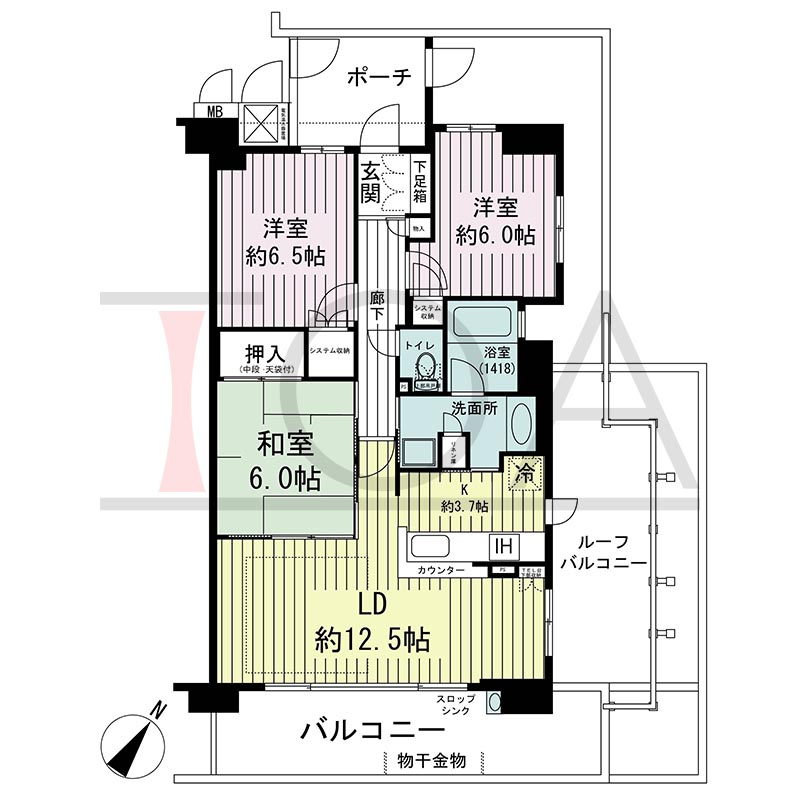 新長田駅前アーバンコンフォートの間取り図 南東北東向き角 3LDK 専有面積76.87m2
バルコニー面積28.87m2
ポーチ面積6.76m2
ルーフバルコニー面積12.72m2