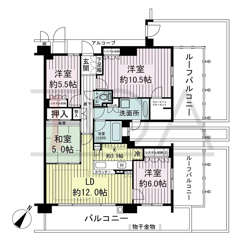 新長田駅前アーバンコンフォートの間取り図 南東北東向き角 4LDK 専有面積98.05m2
バルコニー面積21.00m2
アルコーブ面積4.10m2
ルーフバルコニー面積31.64m2