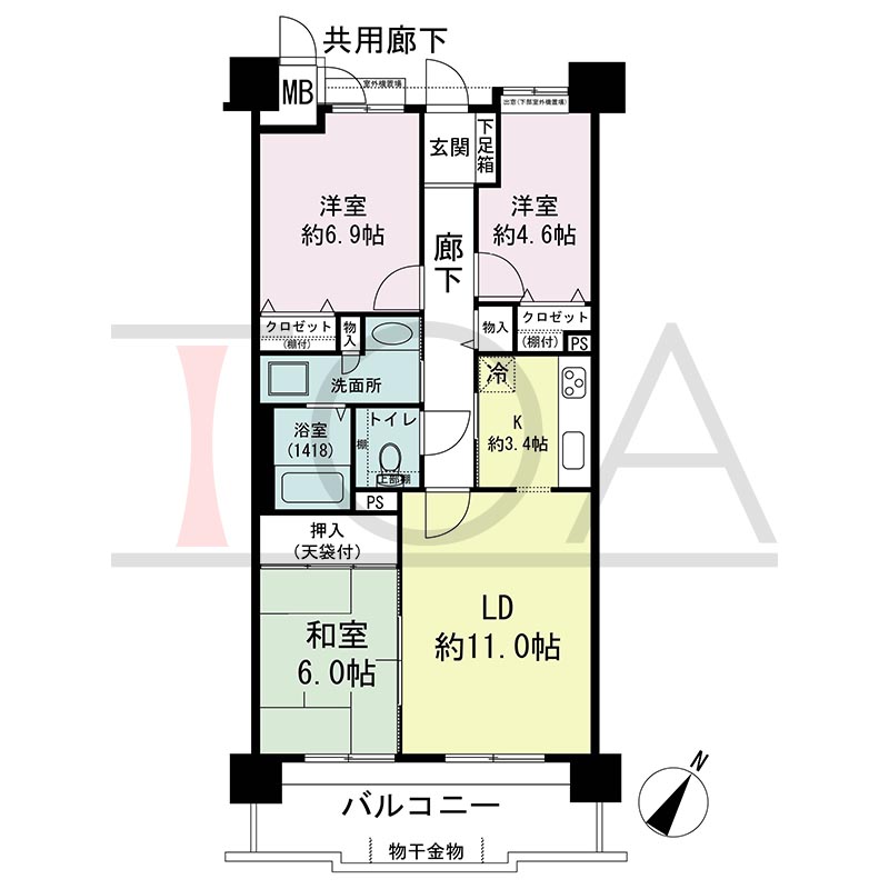 アスタピア新長田公園通りの間取り図 南東向き 3LDK 専有面積75.15m2
バルコニー面積11.99m2
