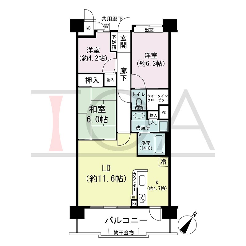 アスタピア新長田公園通りの間取り図 南東向き 3LDK 専有面積75.15m2
バルコニー面積11.99m2