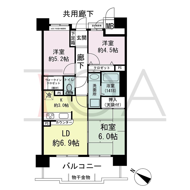 アスタピア新長田公園通りの間取り図 南西向き 3DK 専有面積61.56m2
バルコニー面積11.44m2