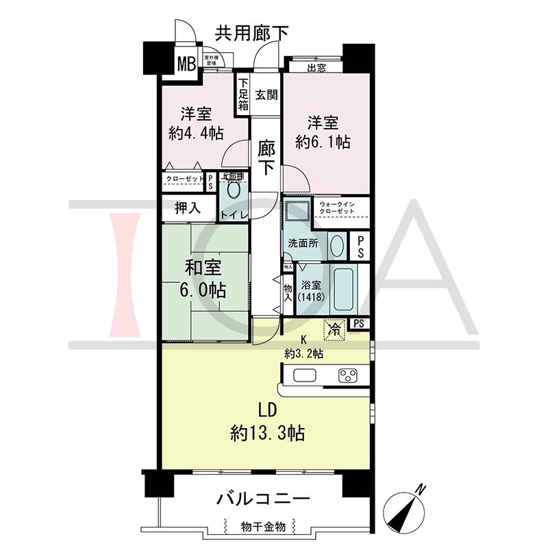 アスタピア新長田公園通りの間取り図 南東北東向き角 3LDK 専有面積75.87m2
バルコニー面積12.08m2