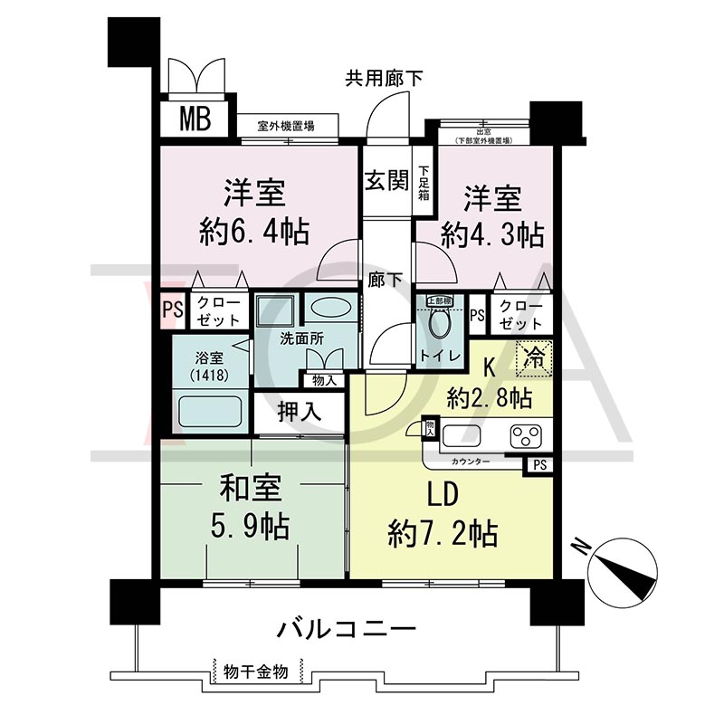 アスタピア新長田公園通りの間取り図 南西向き 3DK 専有面積61.88m2
バルコニー面積15.00m2