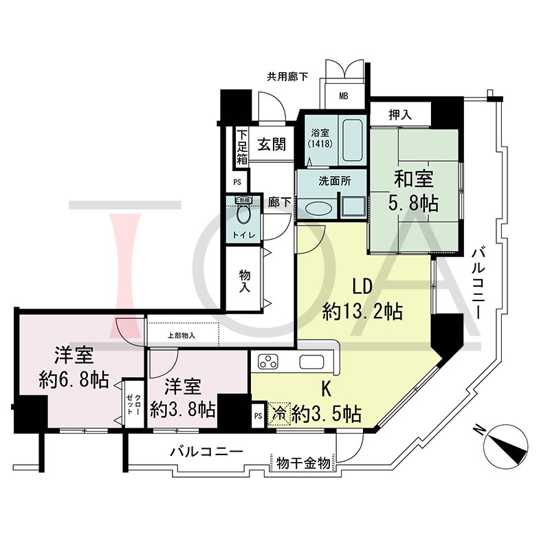 アスタピア新長田公園通りの間取り図 南東南西向き角 3LDK 専有面積80.64m2
バルコニー面積24.20m2