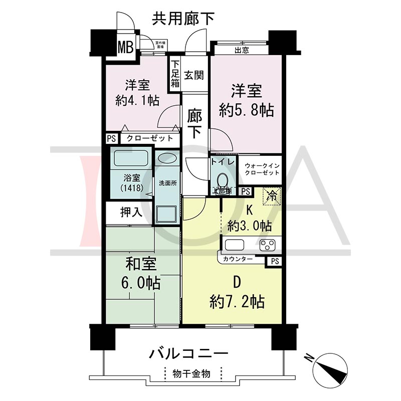 アスタピア新長田公園通りの間取り図 南西向き 3DK 専有面積61.95m2
バルコニー面積12.17m2