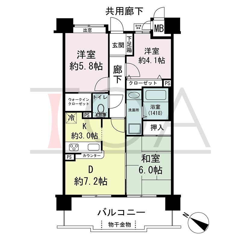 アスタピア新長田公園通りの間取り図 南西向き 3DK 専有面積61.95m2
バルコニー面積12.17m2