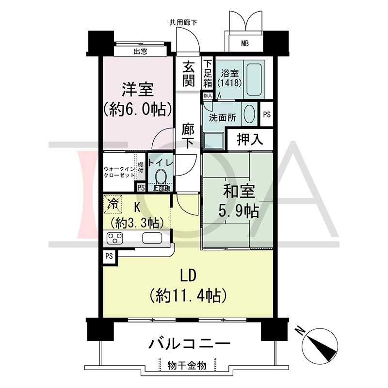 アスタピア新長田公園通りの間取り図 南西向き 2LDK 専有面積62.40m2
バルコニー面積12.17m2