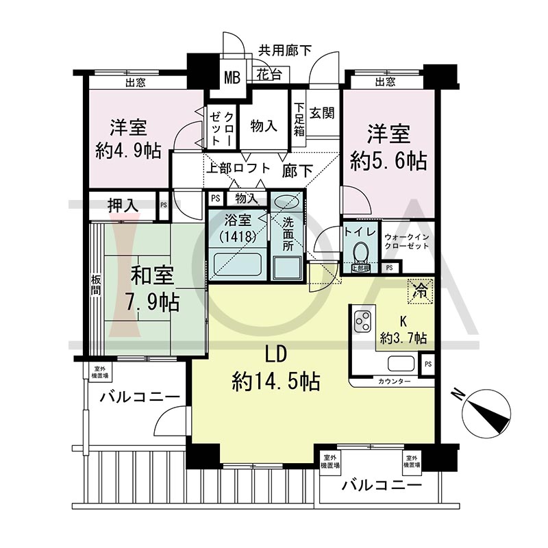 アスタピア新長田公園通りの間取り図 南西向き 3LDK 専有面積87.38m2
バルコニー面積5.19m2
ルーフバルコニー面積6.79m2
ロフト面積12.50m2