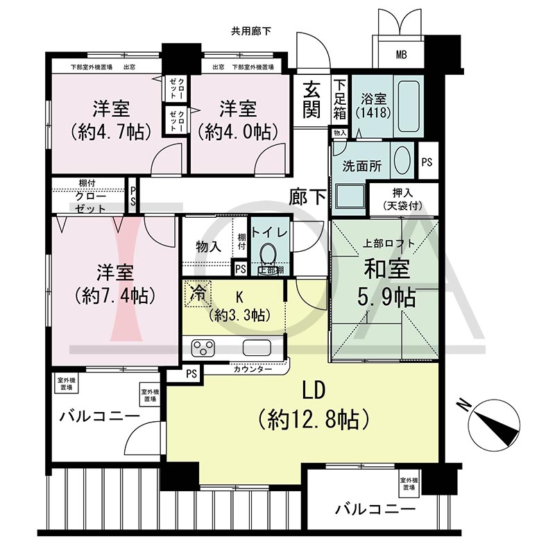 アスタピア新長田公園通りの間取り図 南西北西向き角 4LDK 専有面積88.76m2
バルコニー面積5.19m2
ルーフバルコニー面積6.87m2
ロフト面積9.59m2