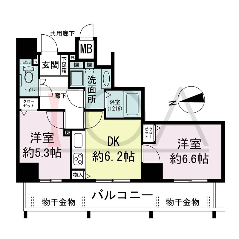 アスタ新長田タワーズコート3番館の間取り図 西向き 2DK 専有面積45.69m2
バルコニー面積13.38m2から16.79m2のお部屋あり