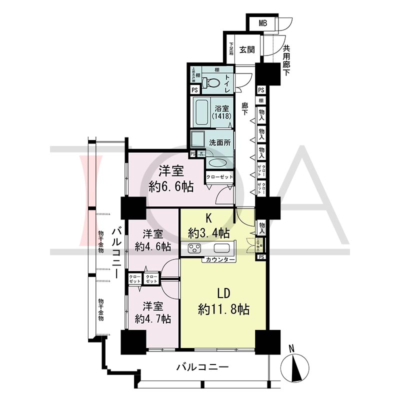 アスタ新長田タワーズコート3番館の間取り図 南西向き角 3LDK 専有面積75.01m2
バルコニー面積23.95m2