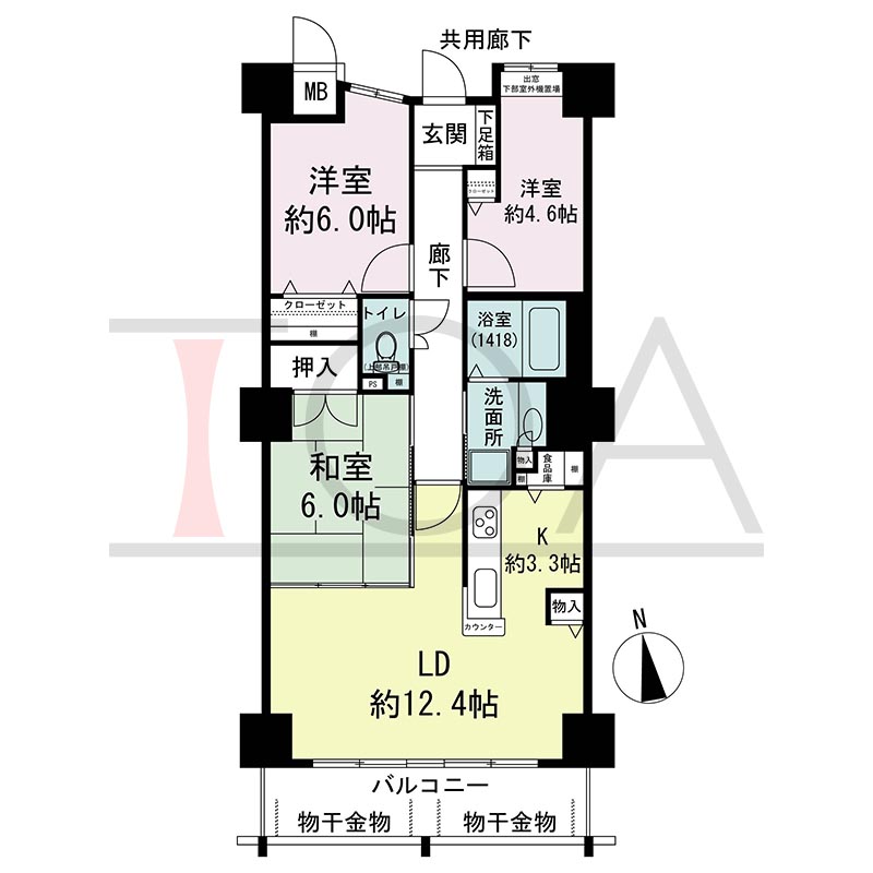 アスタ新長田タワーズコート3番館の間取り図 南向き 3LDK 専有面積74.41m2
バルコニー面積8.92m2から11.08m2のお部屋あり