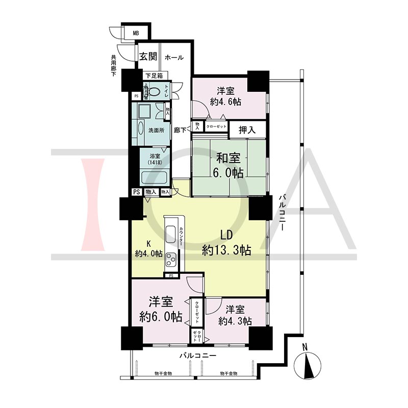 アスタ新長田タワーズコート3番館の間取り図 南東向き角 4LDK 専有面積86.89m2
バルコニー面積28.41m2