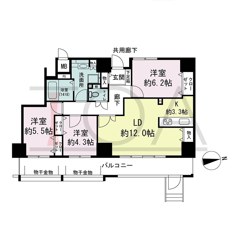 アスタ新長田タワーズコート3番館の間取り図 東向き 3LDK 専有面積76.18m2
バルコニー面積15.48m2