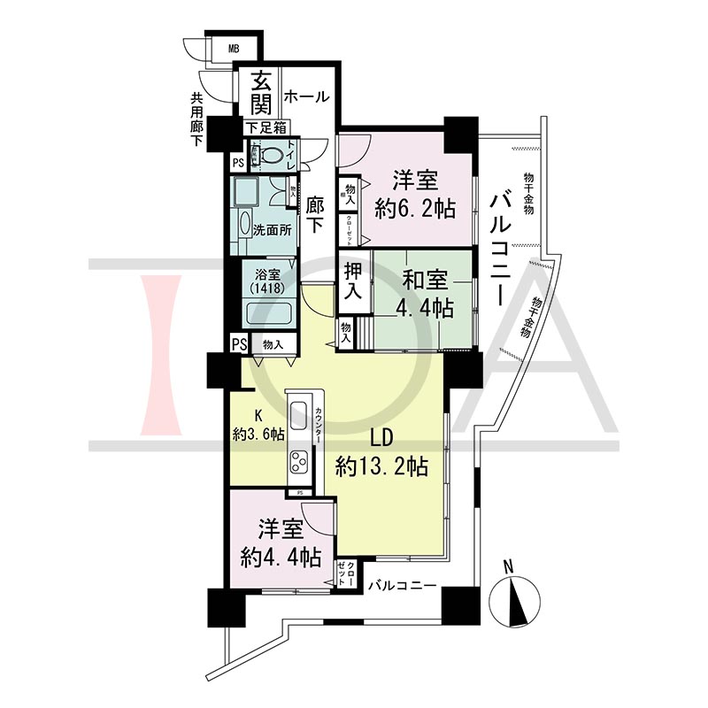 アスタ新長田タワーズコート3番館の間取り図 南東向き角 3LDK 専有面積75.84m2
バルコニー面積25.52m2