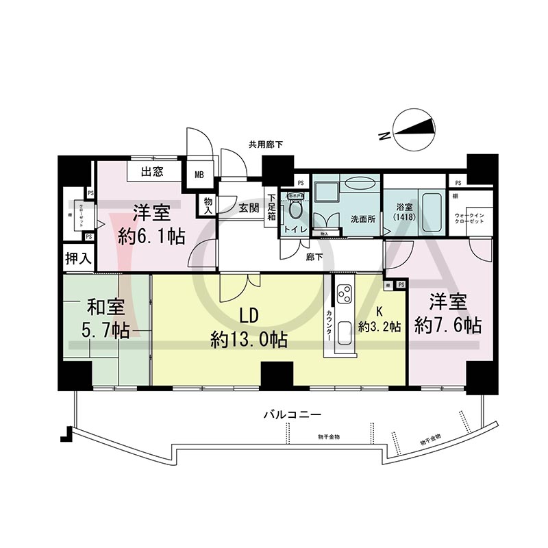アスタ新長田タワーズコート3番館の間取り図 西向き 3LDK+WIC 専有面積83.24m2
バルコニー面積22.15m2