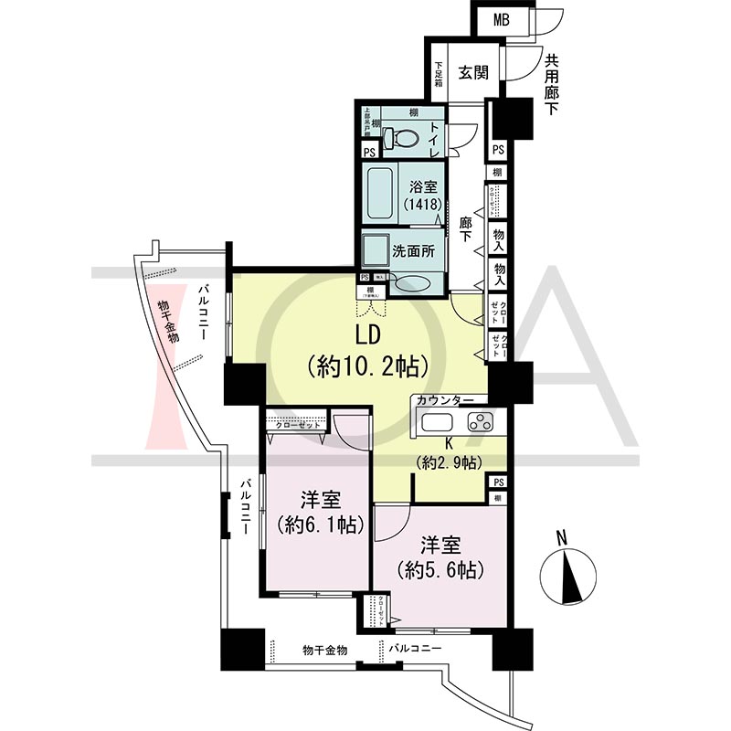 アスタ新長田タワーズコート3番館の間取り図 南西向き角 2LDK 専有面積63.96m2
バルコニー面積20.06m2