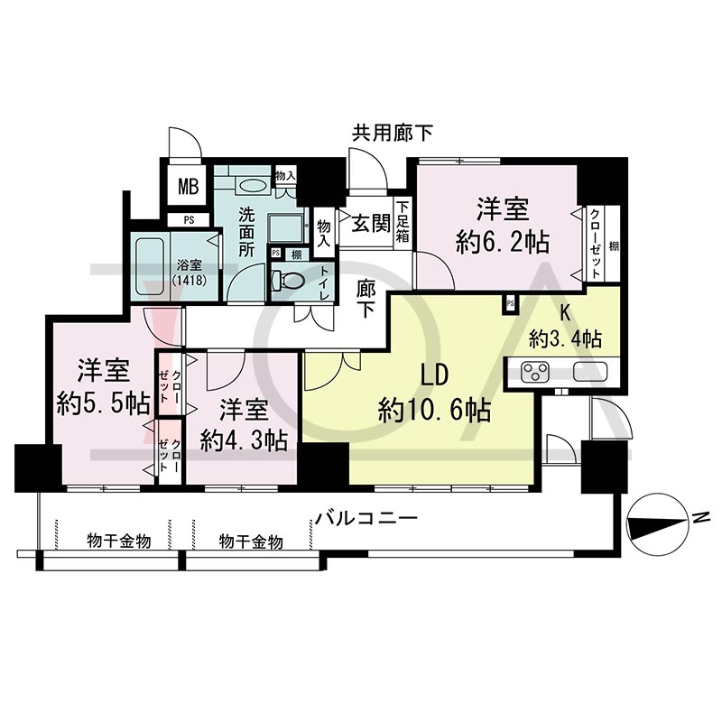 アスタ新長田タワーズコート3番館の間取り図 東向き 3LDK 専有面積72.58m2
バルコニー面積18.17m2から20.26m2のお部屋あり