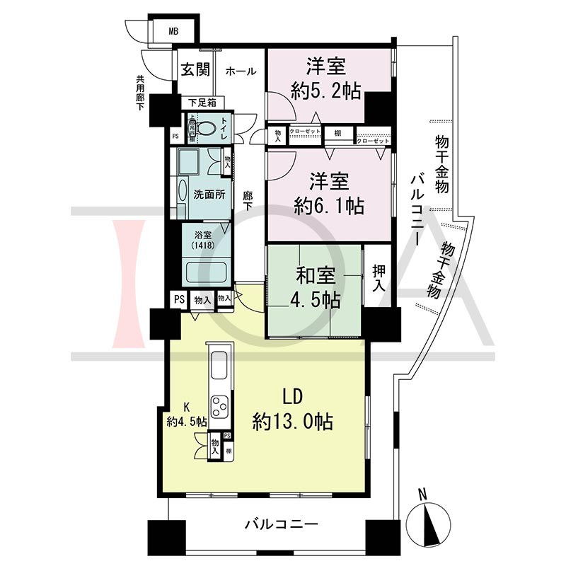 アスタ新長田タワーズコート3番館の間取り図 南東向き角 3LDK 専有面積79.35m2
バルコニー面積30.49m2
