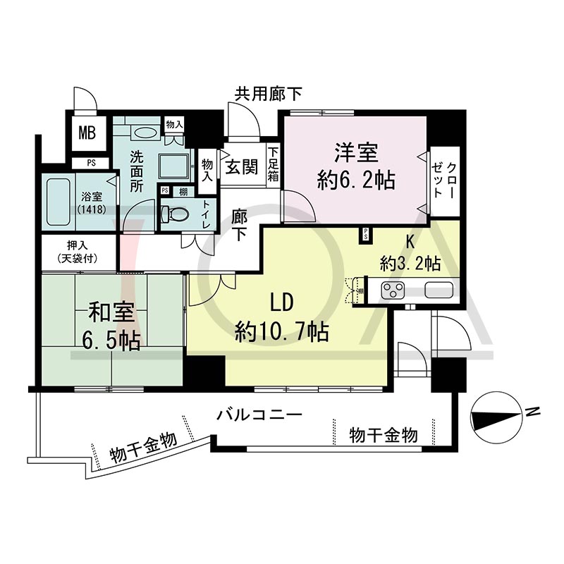 アスタ新長田タワーズコート3番館の間取り図 東向き 2LDK 専有面積66.66m2
バルコニー面積17.00m2