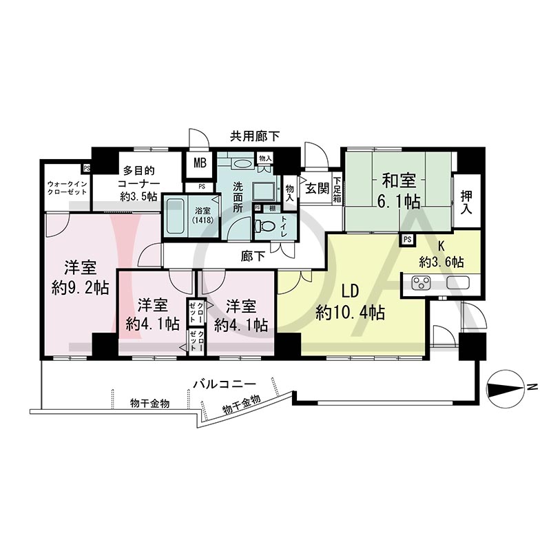 アスタ新長田タワーズコート3番館の間取り図 東向き 4LDK+多目的コーナーWIC 専有面積93.86m2
バルコニー面積23.95m2