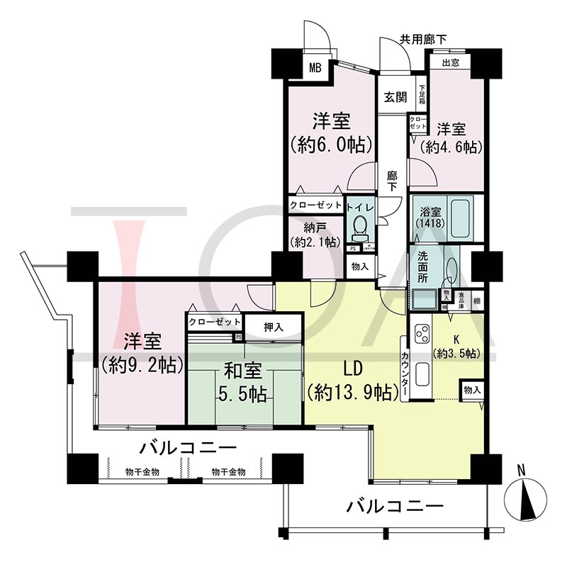 アスタ新長田タワーズコート3番館の間取り図 南西向き角 4LDK+納戸 専有面積96.18m2
バルコニー面積28.64m2