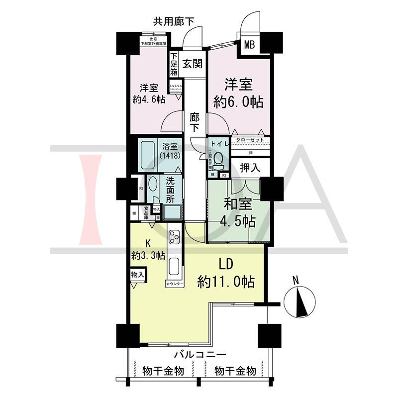 アスタ新長田タワーズコート3番館の間取り図 南向き 3LDK 専有面積69.86m2
バルコニー面積12.91m2