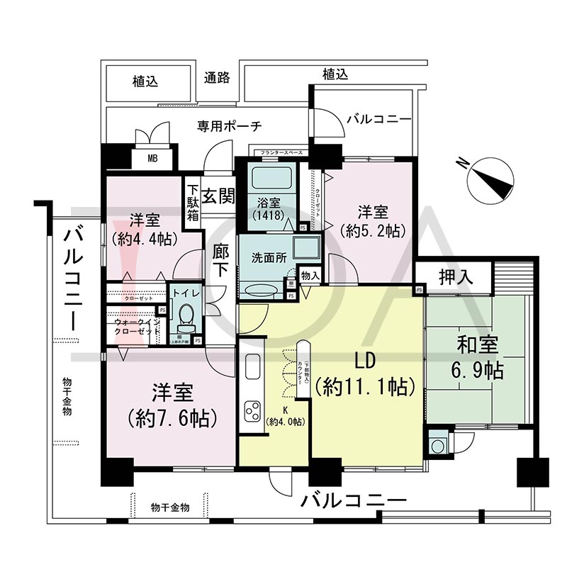 アスタ新長田タワーズコート3番館の間取り図 南西北西向き角 4LDK+WIC 専有面積86.77m2
バルコニー面積37.99m2
専用ポーチ面積7.31m2