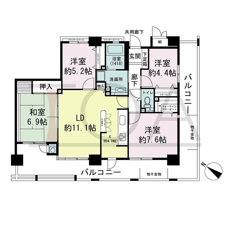 アスタ新長田タワーズコート3番館の間取り図 南東南西向き角 4LDK+WIC 専有面積86.77m2
バルコニー面積35.08m2