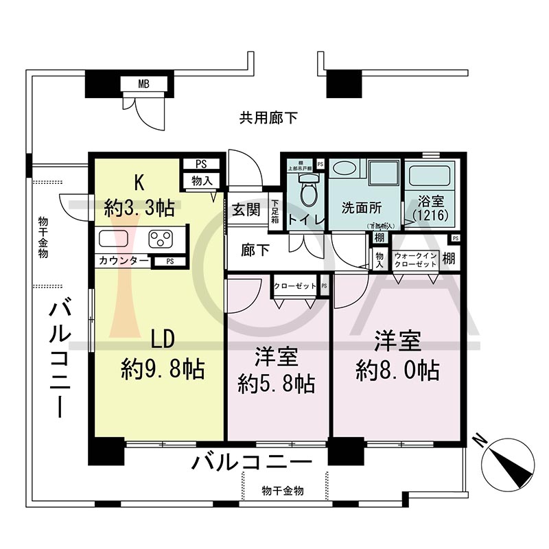 アスタ新長田タワーズコート3番館の間取り図 南西北西向き角 2LDK+WIC 専有面積60.53m2
バルコニー面積24.90m2
