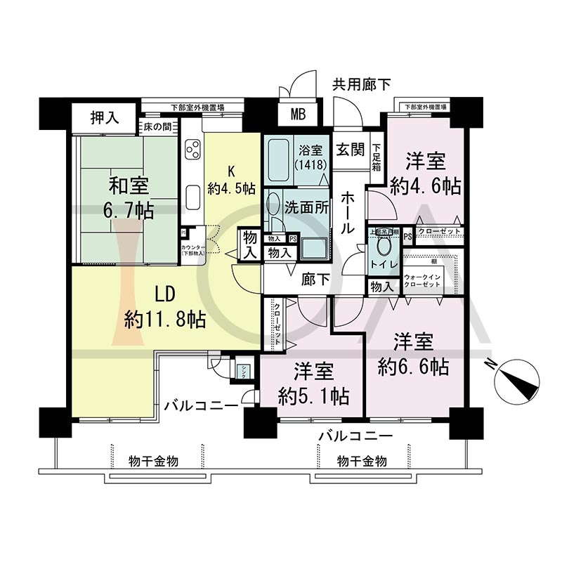 アスタ新長田タワーズコート3番館の間取り図 南西向き 4LDK+WIC 専有面積88.18m2
バルコニー面積21.28m2